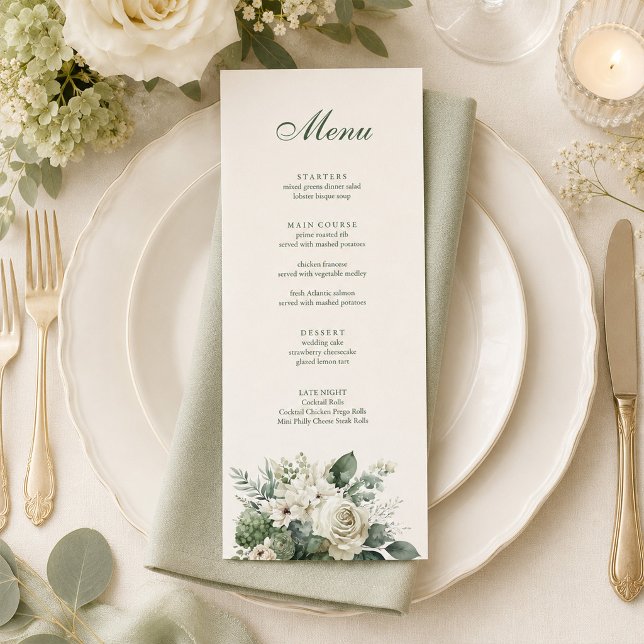 Menú Boda Boho Verde Salvia y Flores de Marfil (Boho Sage Green and Ivory Flowers Wedding Menu on an elegant wedding dinner table with flowers)