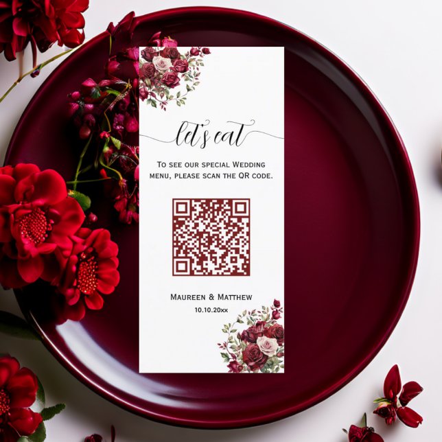 Menú Boda Borgoña Floral Moderna QR Code 4x9' (Subido por el creador)