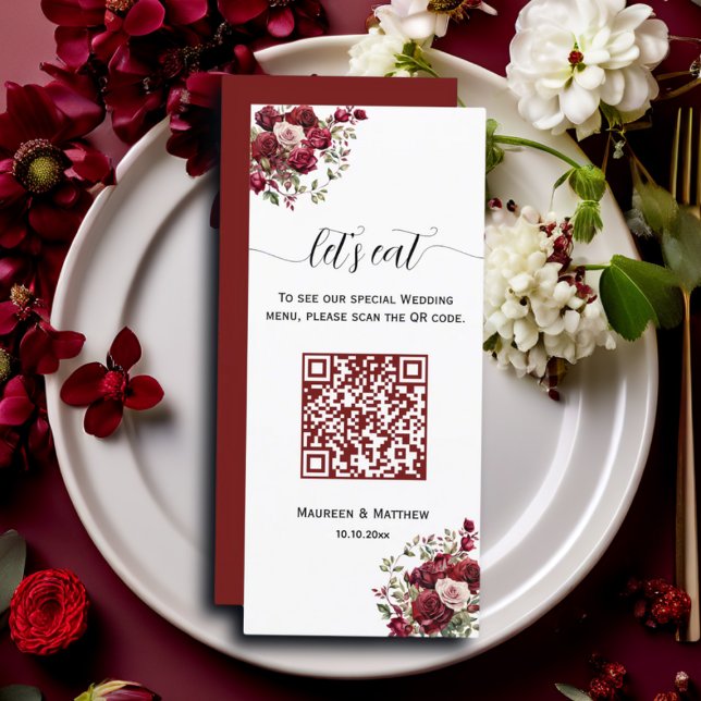 Menú Boda Borgoña Floral Moderna QR Code 4x9' (Subido por el creador)