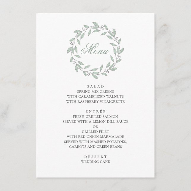 Menú Boda botánica de menta. Follaje simple elegante (Anverso)