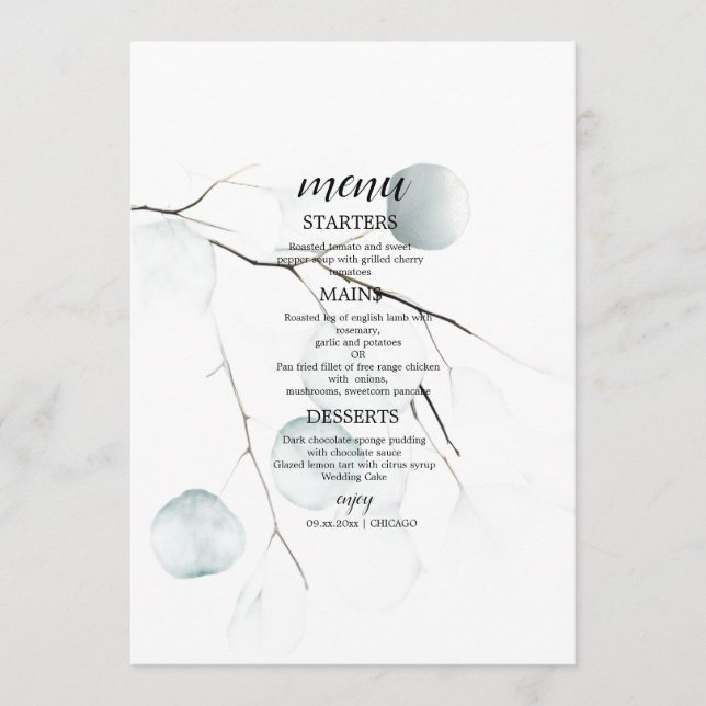 Menú Boda Botánica de Verde Elegante (Anverso)
