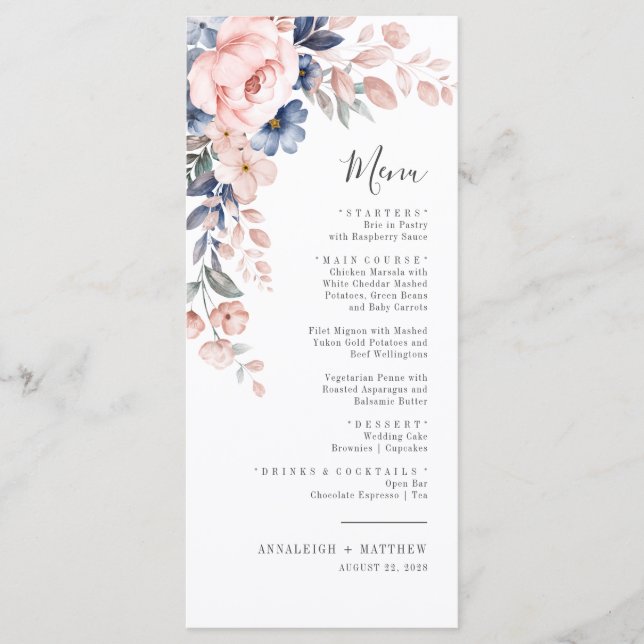 Menú Boda Botánica Elegante Botánica Floral Rosa (Anverso)