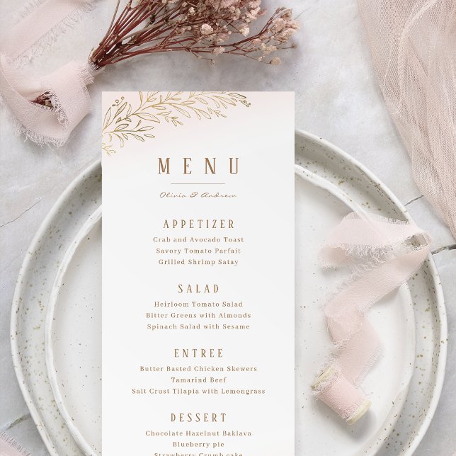 Menú Boda botánica elegante con dorados Rubor y oro (Blush and gold gilded botanical elegant wedding menu)
