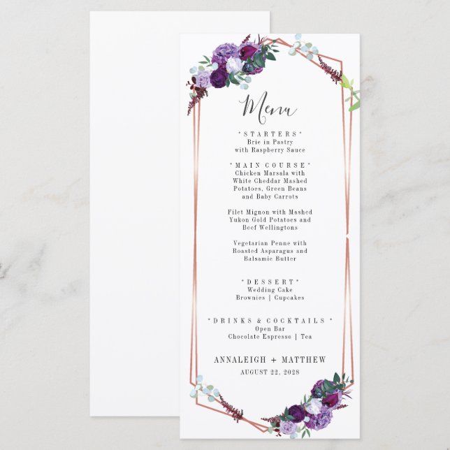 Menú Boda Botánica Morada Floral Geométrica Elegante (Anverso / Reverso)