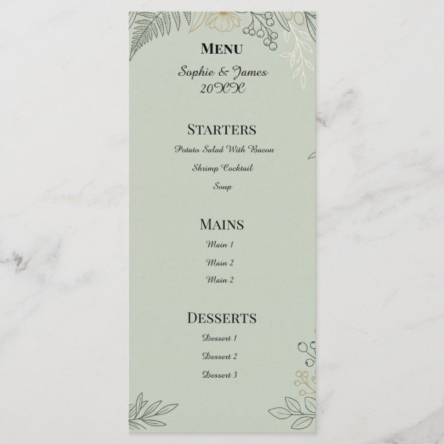 Menú Boda Botánica Verde Salvia (Anverso)