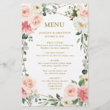 Menú Boda botánico con floral floral rosa Rubor