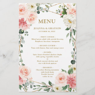 Menú Boda botánico con floral floral rosa Rubor