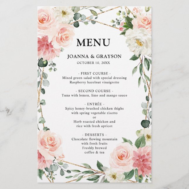 Menú Boda botánico con floral floral rosa Rubor (Anverso)