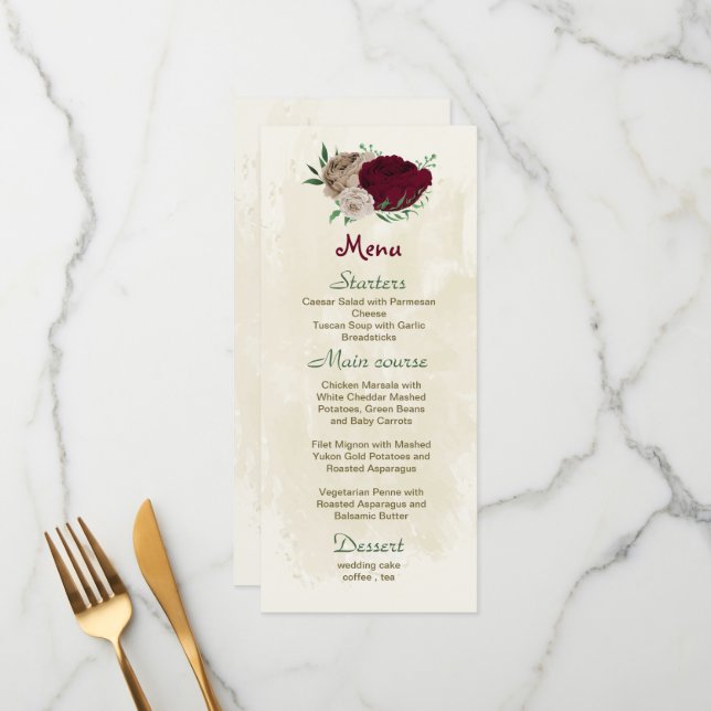 Menú Boda botánico de flores de champán de Borgoña (Anverso/Reverso In Situ)