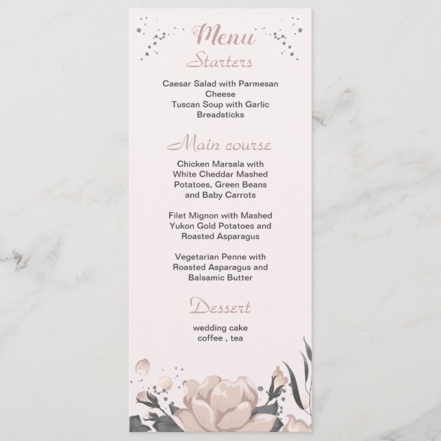 Menú boda botánico de flores grises oscuras rosadas pol (Anverso)