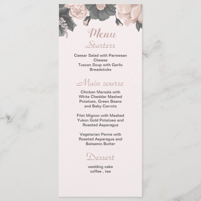 Menú boda botánico de flores grises oscuras rosadas pol (Anverso)