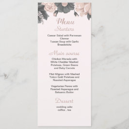 Menú boda botánico de flores grises oscuras rosadas pol