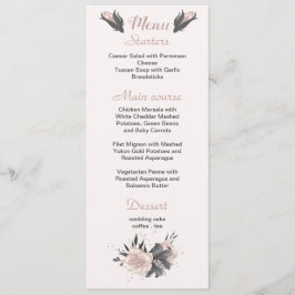 Menú boda botánico de flores grises oscuras rosadas pol