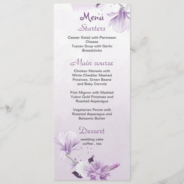 menú boda botánico de flores malvas violetas (Anverso)