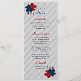Menú boda botánico de flores rojas y azul marino