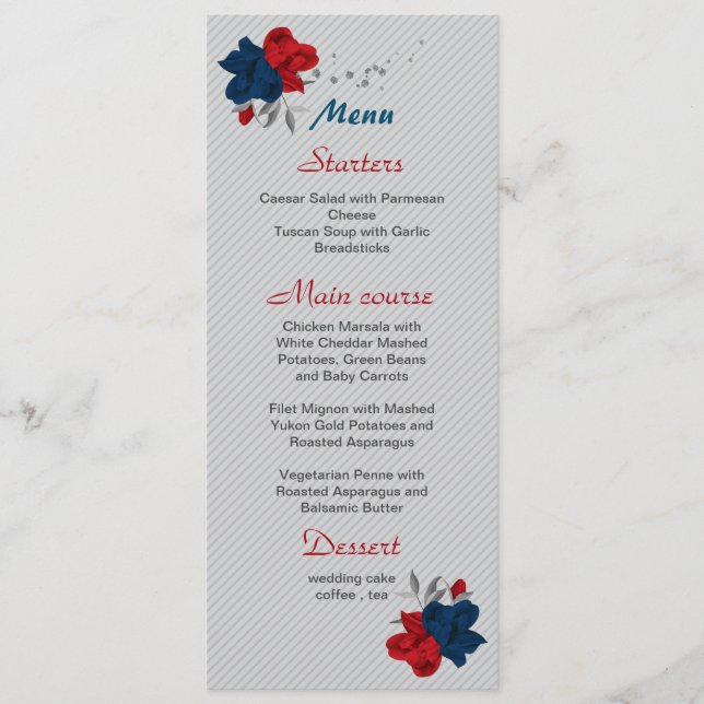 Menú boda botánico de flores rojas y azul marino (Anverso)