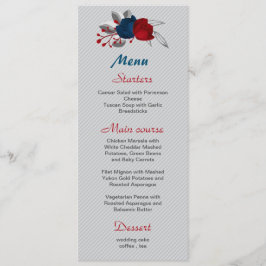 Menú boda botánico de flores rojas y azul marino