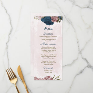 Menú Boda botánico de flores rosadas y marinas