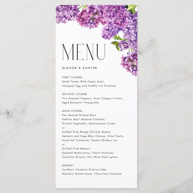 Menú Boda Botánico de las Flores Lilac (Anverso)