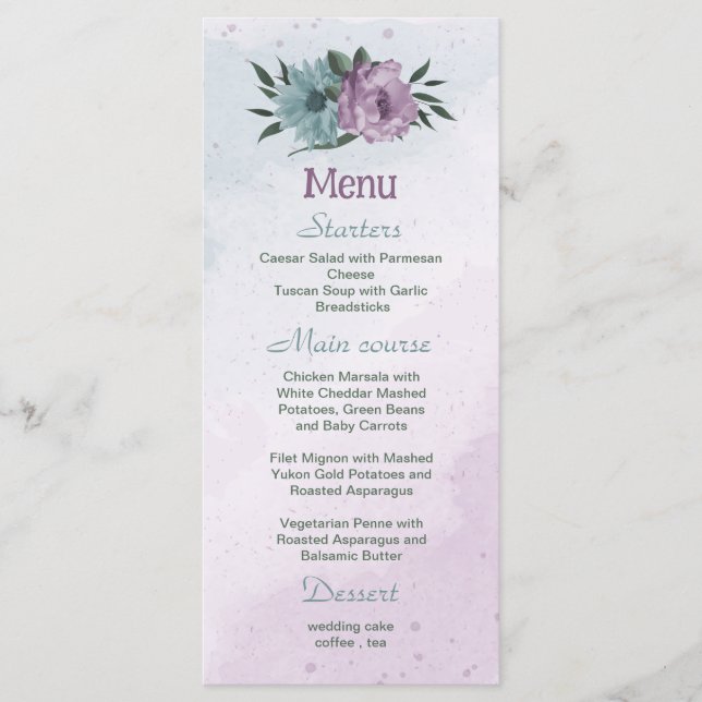 Menú boda botánico de las flores moradas azules (Anverso)