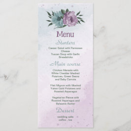 Menú boda botánico de las flores moradas azules