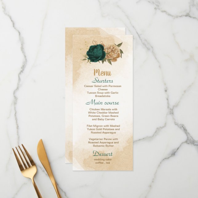 Menú Boda botánico de oro beige verde esmeralda (Anverso/Reverso In Situ)