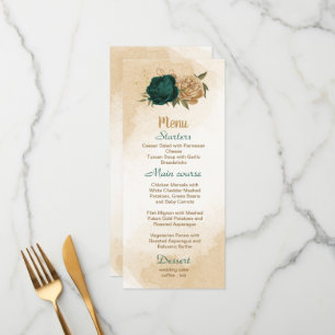 Menú Boda botánico de oro beige verde esmeralda