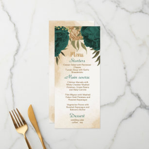 Menú Boda botánico de oro beige verde esmeralda