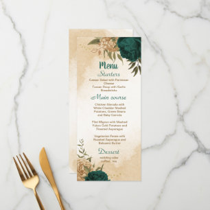 Menú Boda botánico de oro beige verde esmeralda