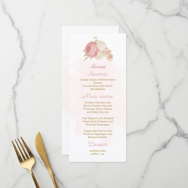 Menú boda botánico de oro de flores rosas y blancas (Anverso/Reverso In Situ)