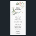 Menú Boda Botánico de Oro Floral Rosa<br><div class="desc">Los nombres de las parejas bodas se encuentran en una corona botánica elegante y moderna, con hojas verdes de salvia pintadas a mano y flores rosas. A continuación se presenta el menú boda en una combinación de tipografías clásicas vertical y cursiva. Muy fácil de personalizar. Borra cualquier curso que no...</div>