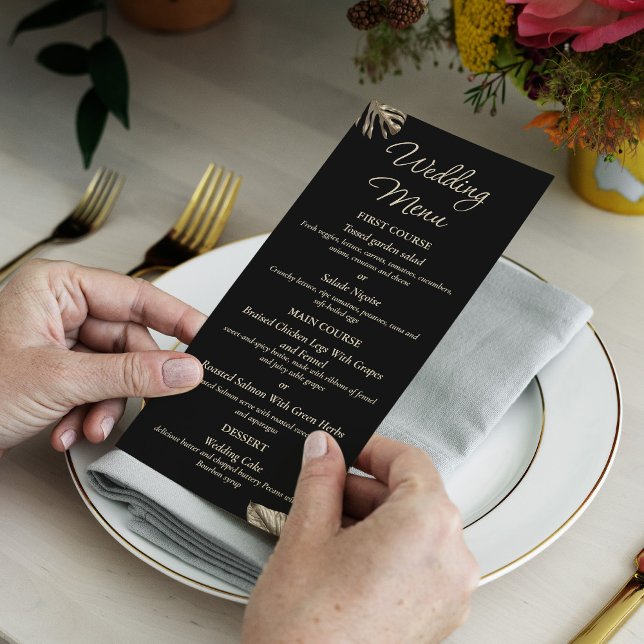 Menú Boda botánico elegante negro y dorado (Subido por el creador)
