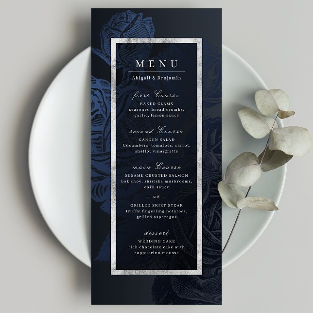 Menú Boda botánico lujoso rosa de la marina plateado vi (Luxe rose navy silver vintage botanical wedding menu)
