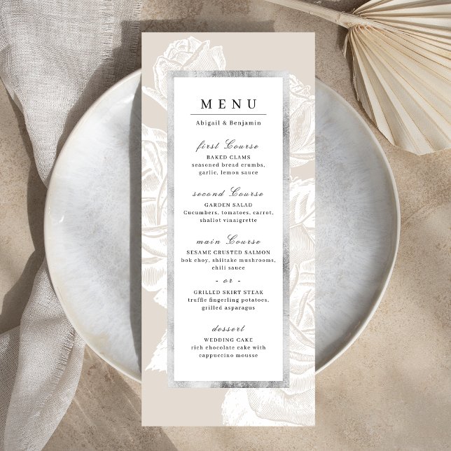 Menú Boda botánico lujoso rosa de plata neutra (Luxe rose silver neutral vintage botanical wedding menu)