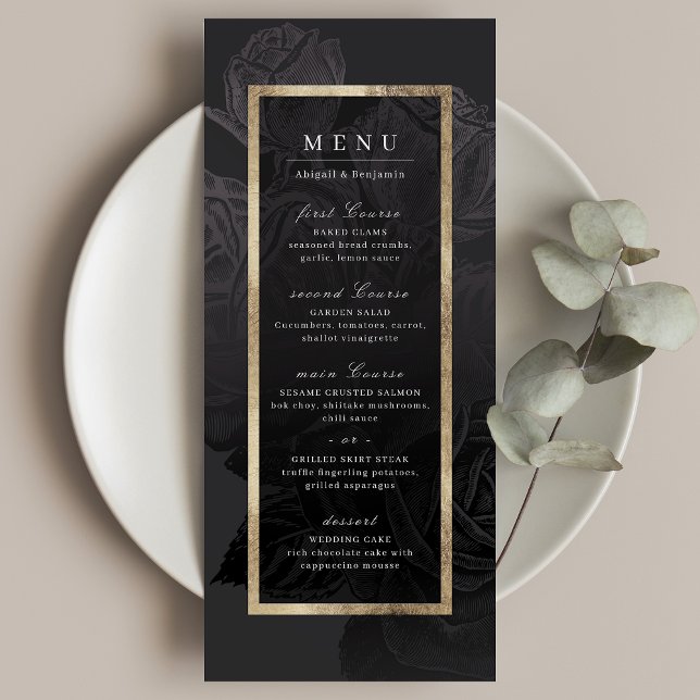 Menú Boda botánico lujoso rosa oro negro (Luxe rose black gold vintage botanical wedding menu)