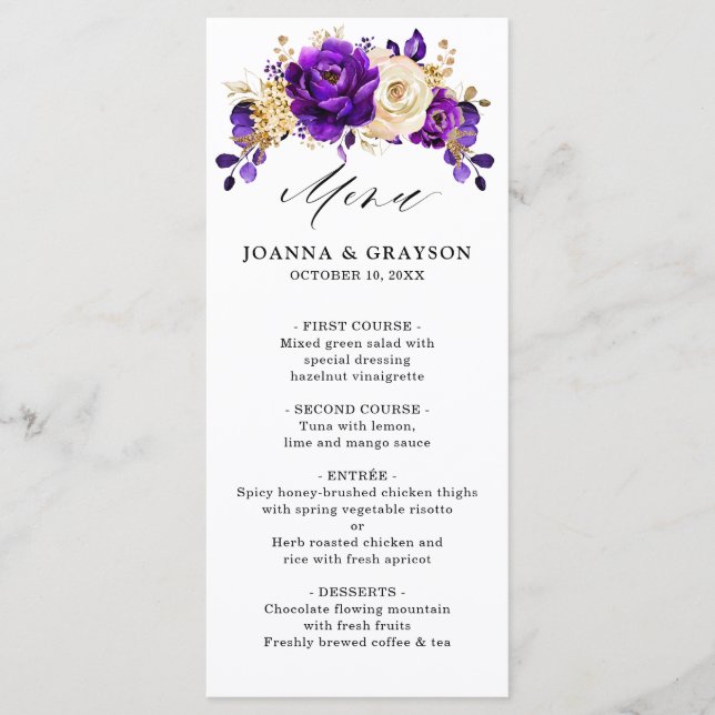 Menú Boda Botánico Royal Purple Violet Gold Floral (Anverso)