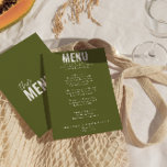 Menú Boda Brillante Brillante De Olive Green<br><div class="desc">Un colorido menú retro funky moderno y luminoso para la cena boda. El diseño de la plantilla de moda es de fondo verde oliva boho y tipografía blanca y menú en negrita en blanco. Perfecto y a juego con la suite.</div>