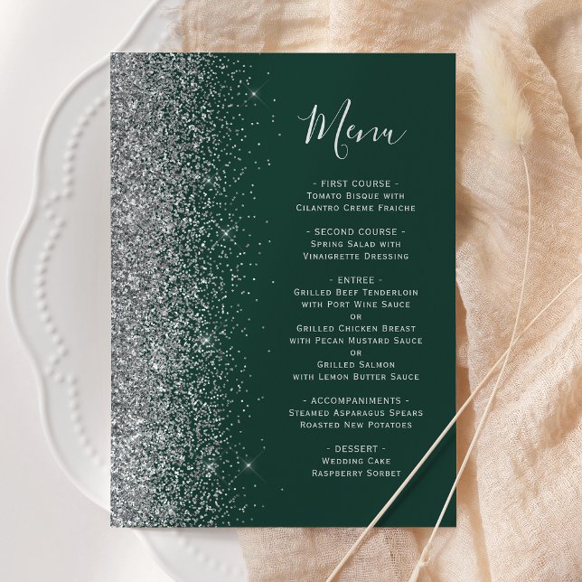 Menú Boda Brillo Plateado Verde Esmeralda Oscuro (Subido por el creador)