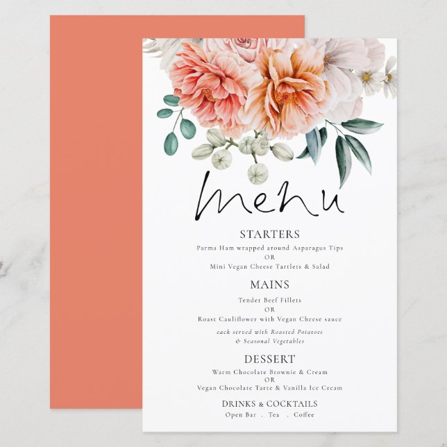 Menú Boda Budget Coral Peonies Florals (Anverso / Reverso)