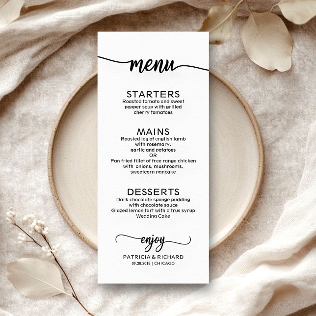 Menú boda Caligrafía elegante Blanco y negro (Subido por el creador)