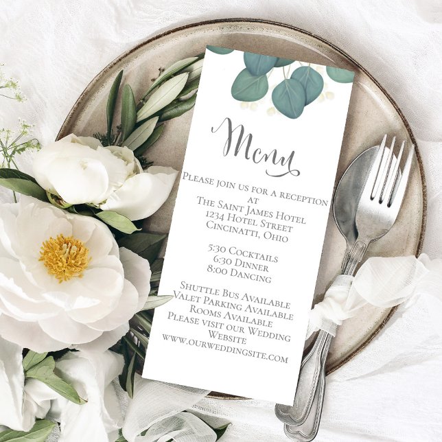 Menú boda Caligrafía Eucalyptus Greeneration (Wedding menu card with calligraphy script and elegant foliage.)