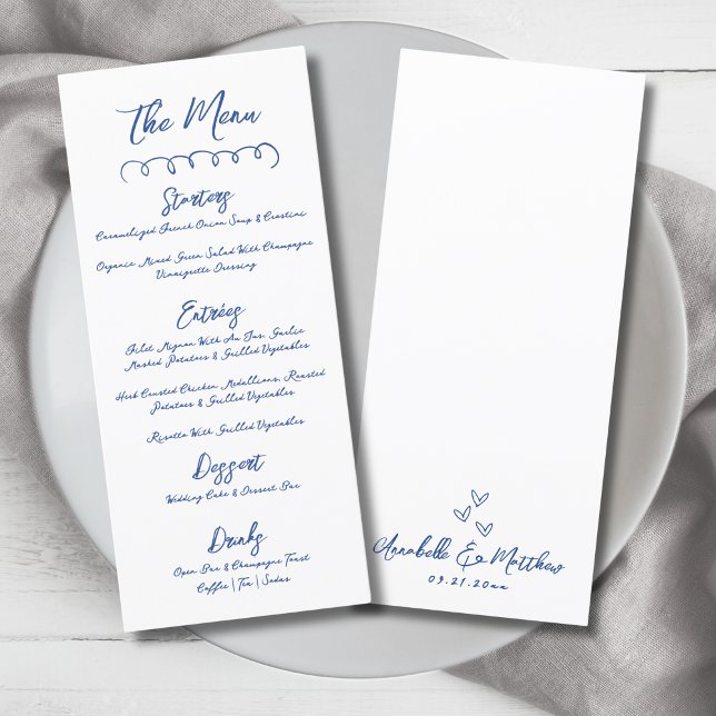 Menú Boda Caprichosa Azul Simple Dibujada a Mano (Hand Draw Simple Blue Whimsical Wedding Menu)