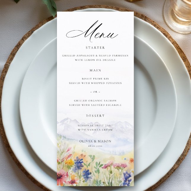 Menú Boda Caprichosa de Flores Silvestres de Montaña (mountains wedding menu wildflowers meadow floral watercolor modern elegant rustic romantic)