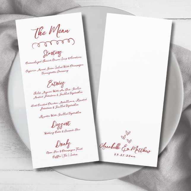 Menú Boda Caprichosa Roja Dibujada a Mano Simple (Simple Hand Draw Red Whimsical Wedding Menu)