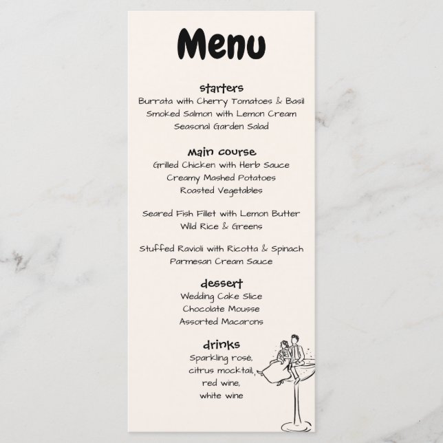 Menú Boda caprichosa y audaz con crema dibujada a mano  (Anverso)