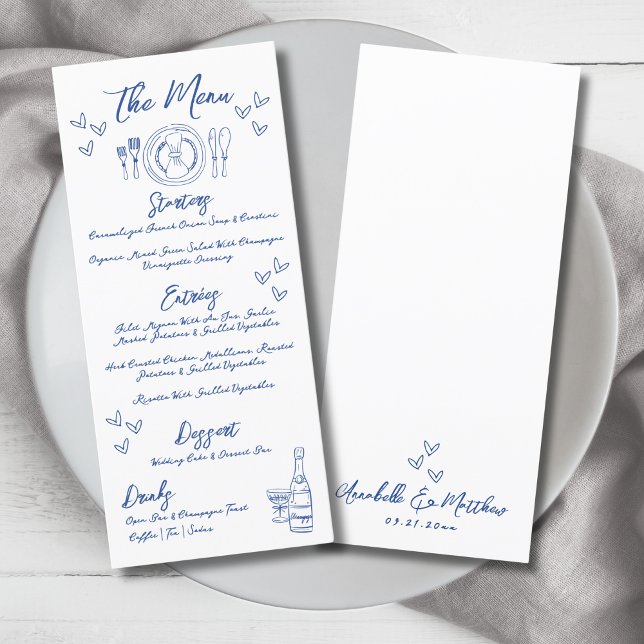 Menú Boda caprichoso azul de mano (Hand Draw Blue Whimsical Wedding Menu)
