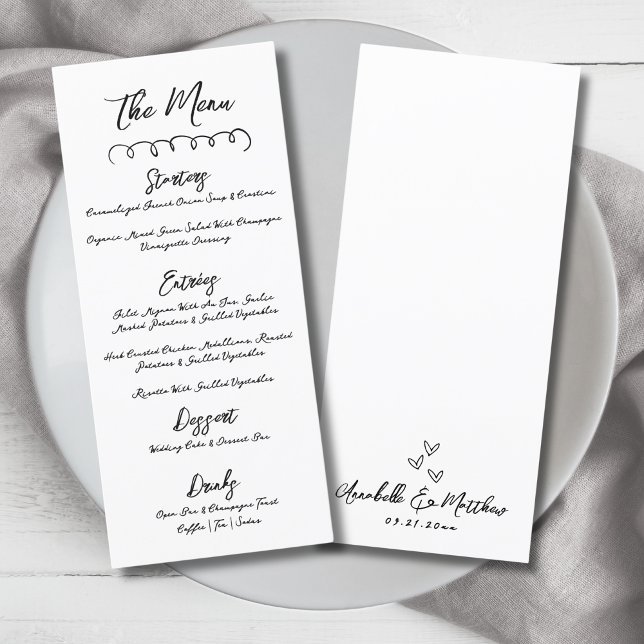 Menú Boda caprichoso blanco negro simple de mano (Hand Draw Simple Black White Whimsical Wedding Menu )