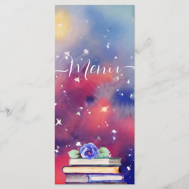 Menú Boda caprichoso púrpura y rosa (Anverso)