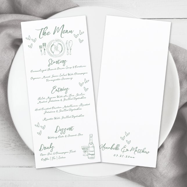 Menú Boda caprichoso verde de mano (Hand Drawn Green Whimsical Wedding Menu )