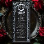 Menú Boda Catedral de Vampiro Gótico Plateado<br><div class="desc">Invite a sus huéspedes bodas con este elegante y gótico diseño. Perfecto para un boda temático gótico o de Halloween. Artículos coincidentes en nuestra tienda para un tema fiesta completo. Tenga en cuenta que la plata en las etiquetas NO es un Relieve metalizado real y está impresa en colores planos...</div>